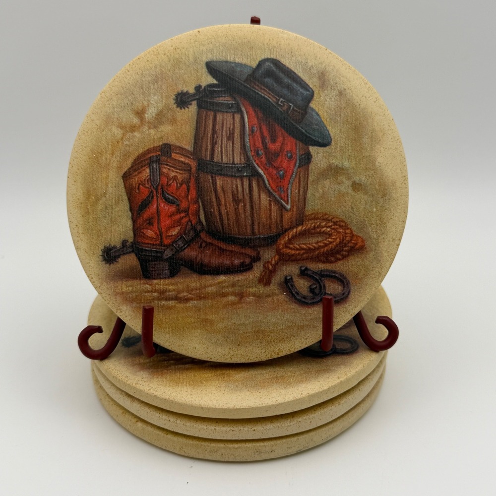 Western Cowboy Coaster‎ Set Boots Hat Barrel Horseshoe Rustic Bar Decor Ranch